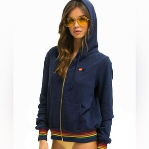 🌈Aviator Nation Rainbow Stripe Zip Hoodie – Navy (Unisex Fit